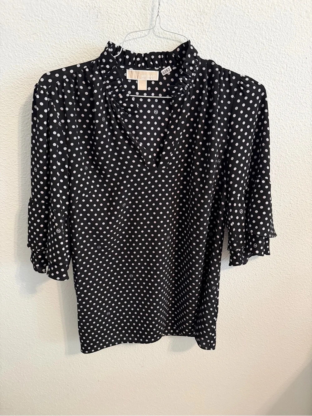 Michael Kors Black and White Polka Dot V-Neck Ruffle Blouse